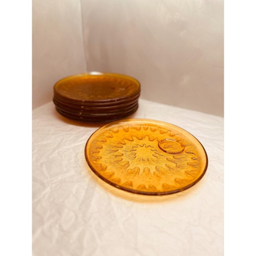 Vintage Indiana Glass Amber Gold‎ Sunburst Snack Plates Set 4 9.25in